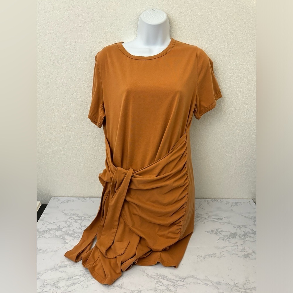Tunic Dress Belted Wrap Pullover Orange Wonens Plus Sz 0XL Short Sleeve Ruched‌